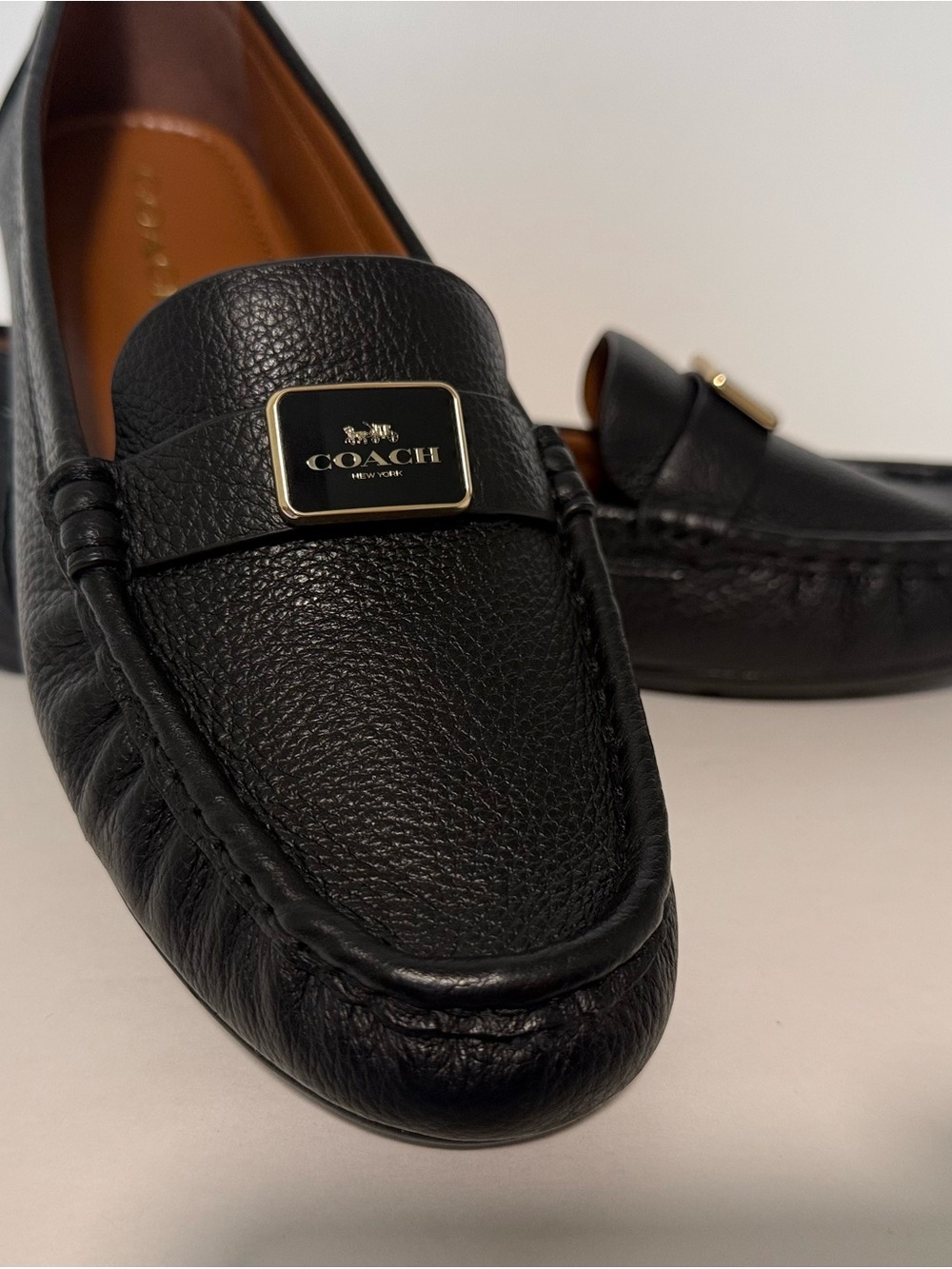 Coach Black Pebbled Leather Woman’s Loafers with Silver Plaque - Picture 3 of 4
